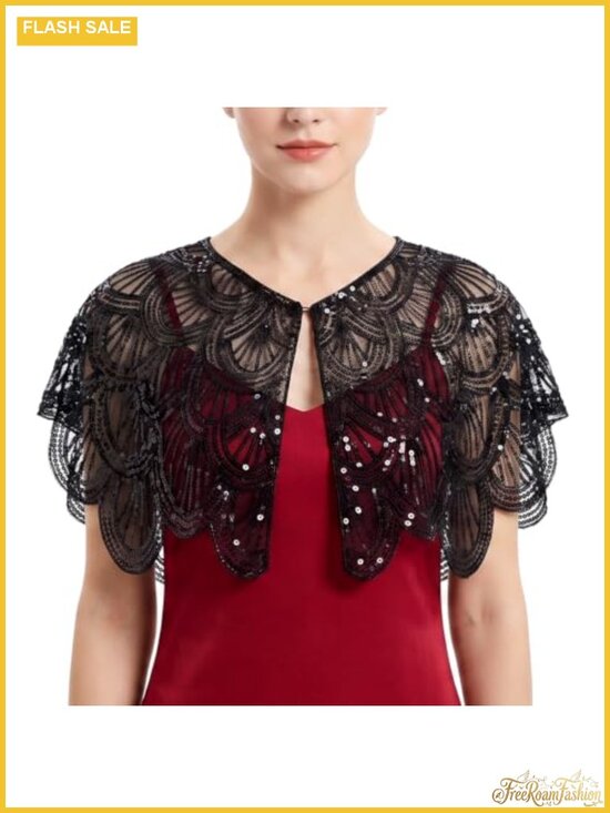 Accessories - 1920s Shawl Wrap Sequin Beaded Flapper Cover Up Evening Party